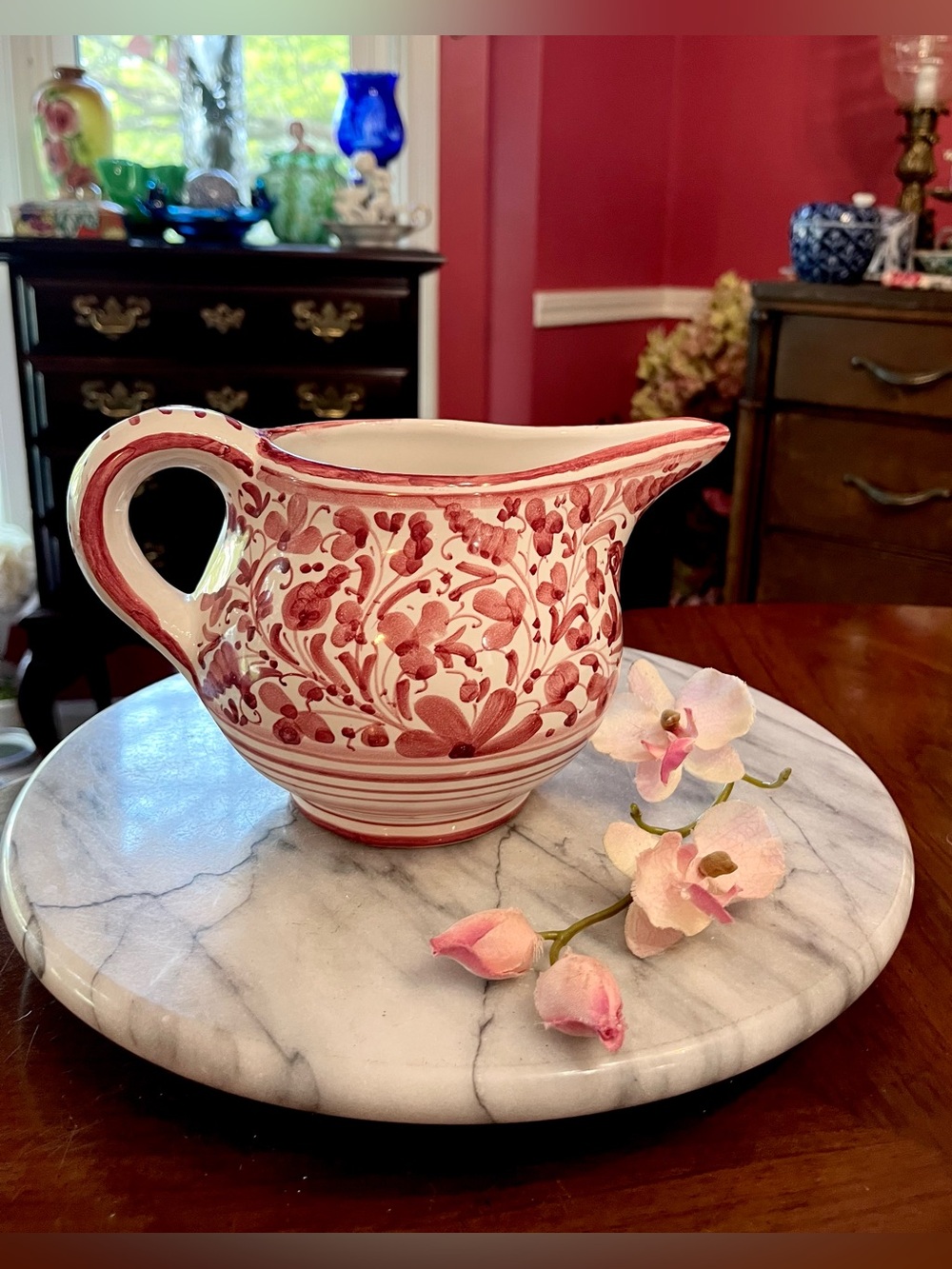 VTG Ceramiche Fidia Deruta Creamer Pitcher Hand Painted Arabesco Red Flower